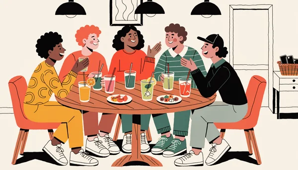 Cinq amis assis autour d'une table ronde garnie de verres colorés et d'assiettes d'apéritif, discutant animéement en se regardant dans les yeux et en gesticulant, avec un panier contenant des téléphones posé sur une console près de la porte d'entrée. Scène illustrée en aplats de couleurs chaudes, sans écran visible.