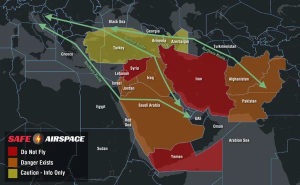 Illustration pour un article expliquant comment les opérateurs aériens tracent et utilisent trois routes alternatives pour traverser dangereusement l'espace aérien du Moyen-Orient en évitant les zones de conflit.