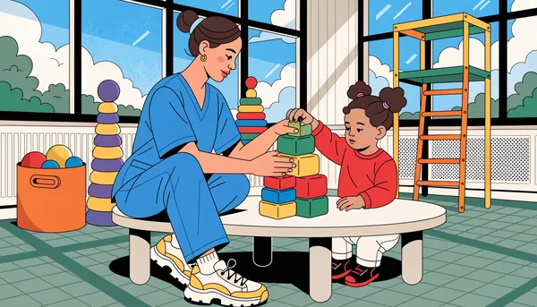 Une puéricultrice assiste un jeune enfant dans une crèche lumineuse et moderne.