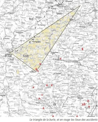 Carte du triangle de la Burle en Ardèche, un site associé à des disparitions et anomalies magnétiques