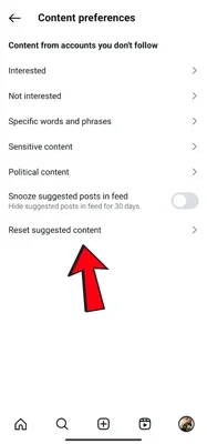 Capture d'écran de l'interface des préférences de contenu sur Instagram, affichant les options pour ajuster les recommandations algorithmiques et personnaliser le fil d'actualité.