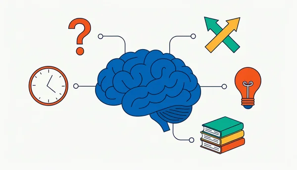 Illustration d'un cerveau humain avec cinq symboles distincts qui représentent des techniques de mémorisation : un point d'interrogation, une horloge, des flèches croisées, une ampoule et une pile de livres.