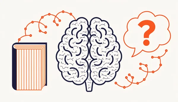 Illustration de la technique du rappel actif montrant un cerveau relié à un livre fermé et à une bulle de pensée avec un point d'interrogation, symbolisant la récupération d'informations.
