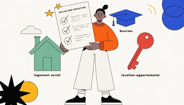 Un jeune adulte tenant un document symbolisant l'avis de non-imposition, entouré d'icônes représentant les opportunités qu'il débloque: logement social, bourses et location.