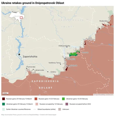 Carte montrant les régions de Zaporizhzhia et de Dnipropetrovsk, indiquant les zones autour d'Oleksandrivka et Huliaipole, illustrant les gains territoriaux ukrainiens dans la campagne offensive de printemps.