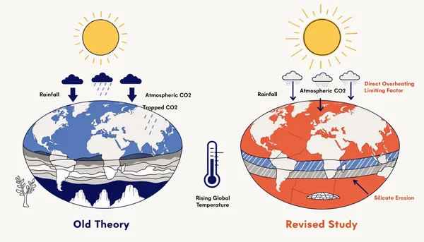 Illustration comparative en deux parties montrant l'ancienne théorie de la faim en CO2, avec une Terre bleue et une érosion rapide des silicates, face à la nouvelle théorie de surchauffe directe, avec une Terre rouge-orange et des rayons solaires intenses, illustrant la révision du mécanisme de fin de l'habitabilité terrestre.