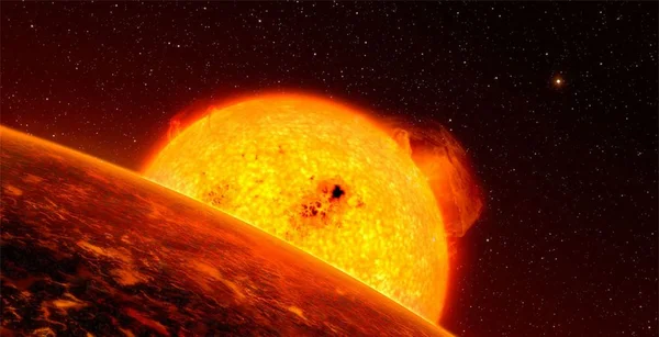 Illustration scientifique montrant une étoile vieillissante, devenue plus brillante et plus chaude, dominant une planète en orbite