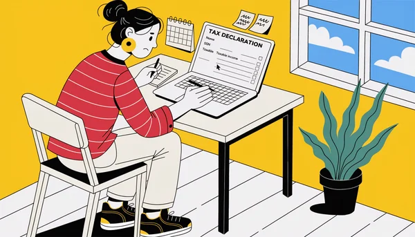 Un jeune adulte assis à son bureau, commençant à remplir sa première déclaration d'impôts en ligne sur son ordinateur portable, avec un calendrier et un bloc-notes à côté.