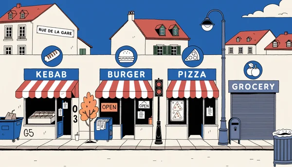 Vue d'une rue de banlieue avec trois enseignes de restauration rapide ouvertes (kebab, burger, pizza) et une épicerie fermée, illustration du manque d'alternatives alimentaires.