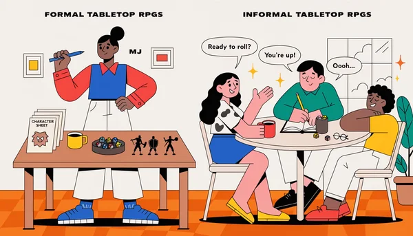 Illustration editoriale montrant un contraste entre un Maître du Jeu professionnel avec un tableau bien organisé, des dés et des figurines, et une partie plus informelle avec des joueurs autour d'une table simple avec des cahiers et des dés partagés.