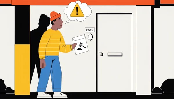 Illustration d'un voisin tenant une notification judiciaire avec hésitation, symbolisée par une enveloppe portant un symbole de marteau, mettant en évidence les risques liés à la réception de courriers juridiques pour autrui.