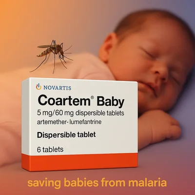 Photo du médicament Coartem Baby pour les nouveau-nés de moins de 5 kg, approuvé par Swissmedic.