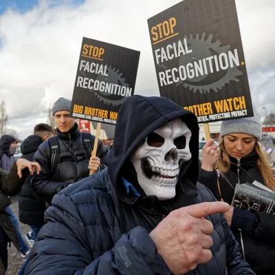 Article du Guardian sur la reconnaissance faciale au Royaume-Uni, avec le titre 'Will facial recognition turn the UK public into a permanent police line-up?', soulignant les débats sociaux sur la surveillance.