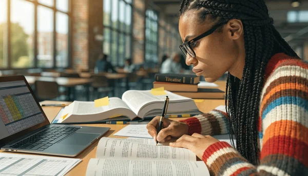 Illustration d'un candidat en reconversion étudiant avec concentration dans une bibliothèque universitaire. Entouré de manuels de droit ouverts et d'un ordinateur portable, il se prépare aux épreuves du concours et à la formation pour devenir notaire.