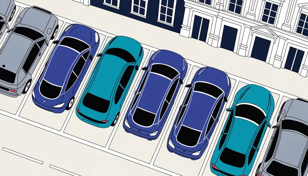 Vue en plongée d'un parking européen où huit voitures sont alignées : six sont des modèles modernes aux tons bleu vif et deux seulement sont des modèles plus anciens en gris ternes, illustrant la minorité croissante des véhicules à boîte manuelle sur les routes européennes.