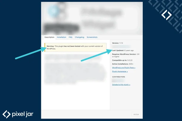 Capture d'écran montrant les détails d'un plugin WordPress obsolète, avec des avertissements concernant la dernière mise à jour et la compatibilité