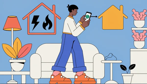 Illustration d'un consommateur dans son salon qui change facilement de fournisseur d'énergie via son smartphone, avec une transition fluide et sans interruption représentée par une ligne continue entre deux maisons symboliques.