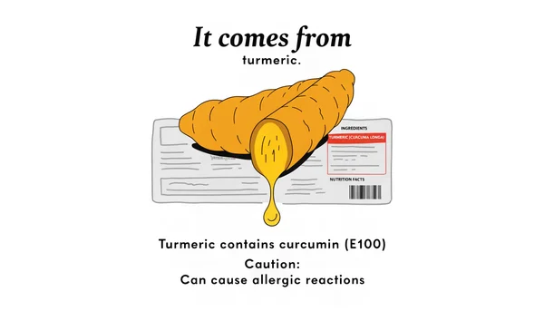 Illustration en plats montrant une racine de curcuma stylisée au premier plan, dont goutte une goutte de curcumine (E100). À l'arrière-plan, une étiquette de produit alimentaire est partiellement visible avec une section de la liste des ingrédients surlignée en rouge, représentant les additifs à surveiller.