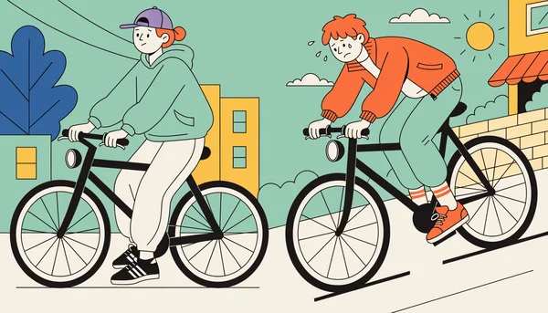 Illustration éditoriale montrant un contraste de cyclistes urbains : à gauche, une personne fait du vélo de manière détendue sur un chemin plat ; à droite, une autre personne pédale vigoureusement en montée, illustrant la différence entre effort faible et intense pour la longévité.