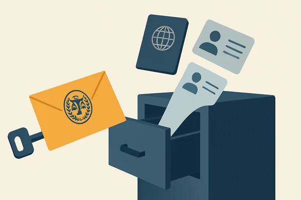 Illustration éditoriale pour un article sur la fuite de données Revolut, représentant une demande gouvernementale forgée et des fichiers KYC liés à des documents d'identité.
