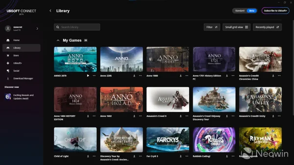 Capture d'écran de la bêta d'Ubisoft Connect montrant la nouvelle interface utilisateur avec des fonctionnalités sociales et de navigation.
