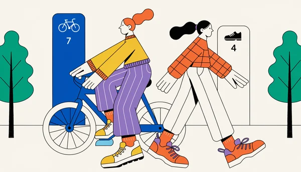 Illustration éditoriale comparant un cycliste et un marcheur côte à côte, avec un graphique symbolique en arrière-plan montrant que le vélo intense est associé à un plus grand nombre d'années de vie gagnées par rapport à la marche.
