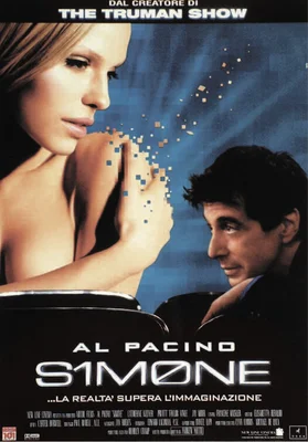 Affiche officielle du film « Simone » (S1m0ne) de 2002, mettant en vedette Al Pacino, explorant le concept d'une actrice virtuelle créée numériquement.