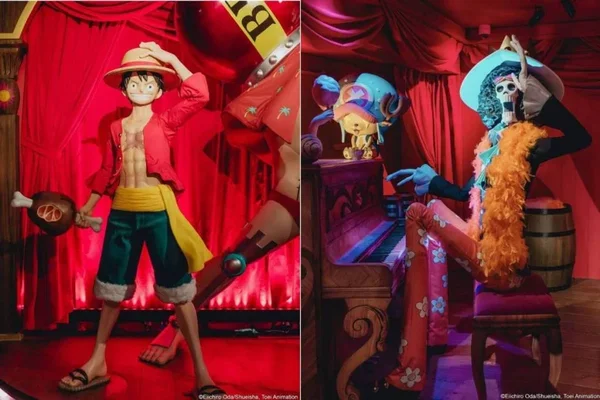 Vue d'ensemble des statues grandeur nature de l'équipage du Chapeau de Paille du manga One Piece, exposées au Musée Grévin à Paris.