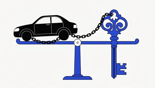 Une illustration montre un bilan financier : une balance penche lourdement du côté d'une voiture reliée par une chaîne à une clé de maison, symbolisant le poids du coût automobile sur le budget logement.