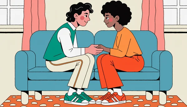 Un couple assis sur un canapé dans un salon chaleureux, se tenant la main et se regardant avec des sourires, sans aucun appareil électronique, symbolisant la reconnexion et l'intimité.