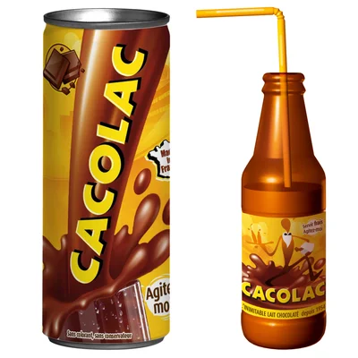 La boisson Cacolac, produit de la région Nouvelle-Aquitaine, représentée dans son emballage caractéristique pour illustrer ce lait chocolaté français.