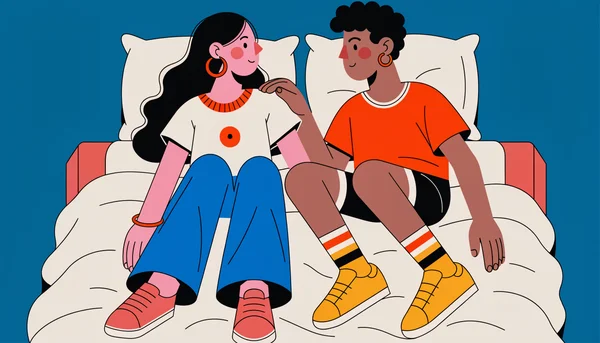 Un couple habillé dans un lit, la main de l'homme sur l'épaule de sa partenaire pour signaler un arrêt, illustrant la méthode start-stop pour gérer l'éjaculation précoce.