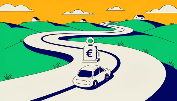 Dans un paysage rural de collines, une voiture roule seule sur une longue route sinueuse, avec une icône de pompe à essence flottant au-dessus pour illustrer la dépendance financière au carburant.