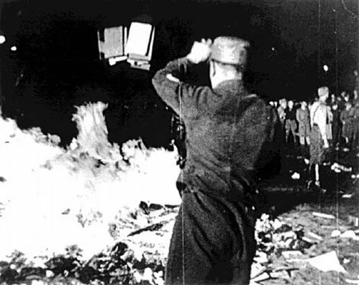 Scène d'autodafé à Berlin le 10 mai 1933, illustrant l'événement historique de brûlage de livres.