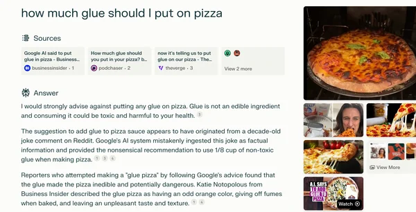 Capture d'écran montrant l'aperçu IA de Google suggérant une recette erronée avec de la colle pour la pizza, basée sur un vieux commentaire de blague Reddit.