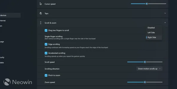 Fonctionnalité de défilement à un seul doigt dans les paramètres de Windows 11, montrée dans une capture d'écran du système d'exploitation.