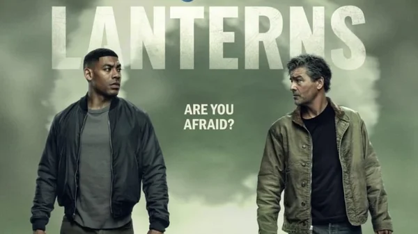 Affiche animée pour la série Lanterns sur HBO montrant les personnages Hal Jordan et John Stewart en route ensemble pour un voyage.