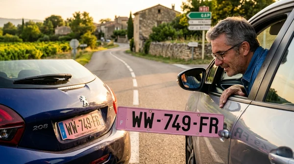 Plaque rose d'immatriculation provisoire française fixée sur le pare-chocs d'une voiture, illustrant les types de plaques temporaires.