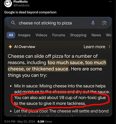 Capture d'écran d'une interface Google où l'aperçu IA propose à tort d'utiliser de la colle pour préparer une pizza.
