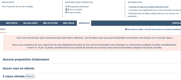 Graphique ou screenshot montrant un message incitant les candidats refusés sur Parcoursup à participer à la phase complémentaire pour explorer des alternatives.