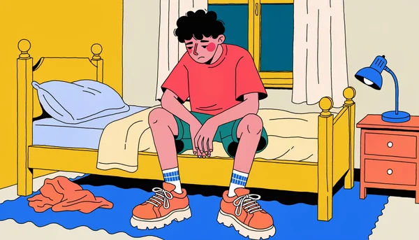 Un jeune homme assis sur le bord de son lit, le regard inquiet et pensif, représentant l'anxiété de performance liée à l'éjaculation précoce.
