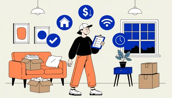 Illustration montrant un jeune adulte dans un premier appartement, avec une liste de critères et des icônes flottantes représentant l'éligibilité technique, un prix fixe, le Wi-Fi et l'absence d'engagement, symbolisant les étapes pour choisir une box internet économique.