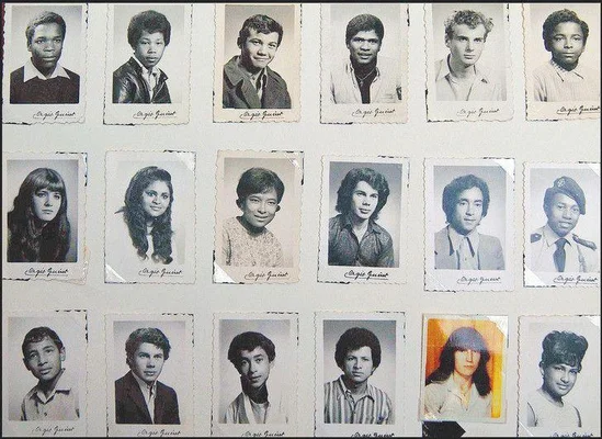 Grille de 18 portraits vintage en noir et blanc montrant les enfants de la Creuse lors de leur voyage à la Réunion, avec des styles rétro du 20e siècle et étiquetés 'Cinéma Gueret'.
