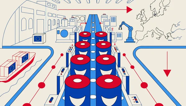 Vue en plan d'une illustration symbolisant la domination de la Chine dans la production de batteries pour voitures électriques, montrant un flux de fabrication vers l'Europe.