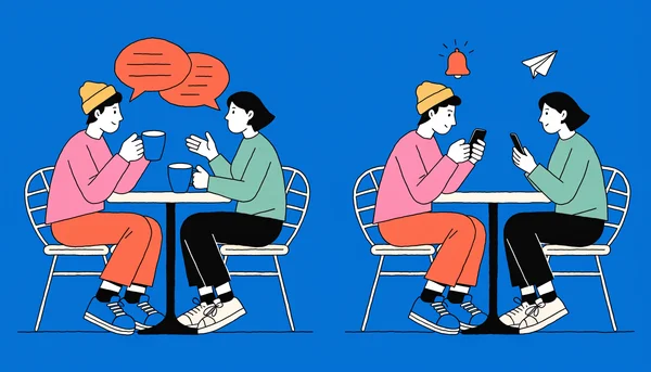 Illustration en deux panneaux : à gauche, deux personnes à une table de café discutent avec des bulles de dialogue au-dessus de leurs têtes ; à droite, les mêmes personnes regardent leurs téléphones, leurs bulles de dialogue ayant été remplacées par des icônes de notification.