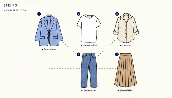 Illustration en vue plongeante de cinq pièces de garde-robe capsule printanière disposées en grille : un blazer en lin bleu clair, un t-shirt blanc, une chemise crème, un jean coupe droite et une jupe plissée beige, reliées par des lignes en pointillés illustrant leurs combinaisons possibles.
