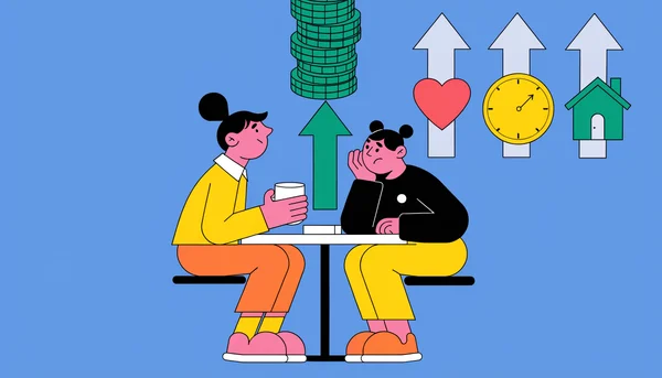 Illustration en plat 2D montrant une négociation salariale, avec une grande flèche verte vers des pièces représentant une augmentation durable, qui a un impact cumulatif sur les cotisations sociales, la retraite et l'accès au crédit.