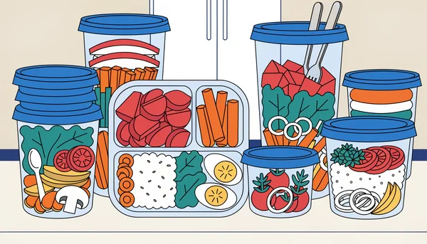 Illustration de contenants de repas préparés alignés sur un comptoir, prêts à être conservés pour la semaine, illustrant les résultats concrets du batch cooking.