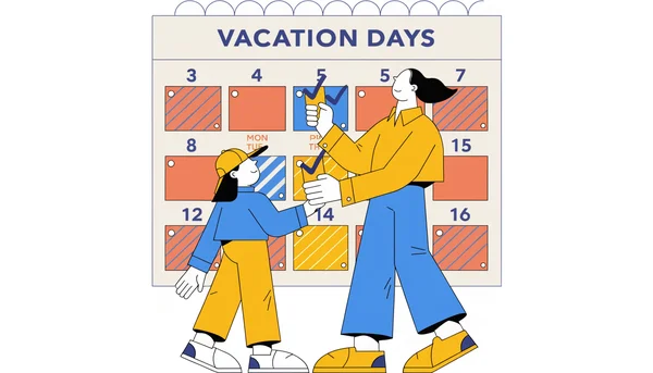 Illustration éditoriale montrant un parent tenant un calendrier avec deux jours de congé supplémentaires cochés, accompagné de son enfant à charge, symbolisant le droit légal à des jours de congé supplémentaires pour chaque enfant de moins de 15 ans.