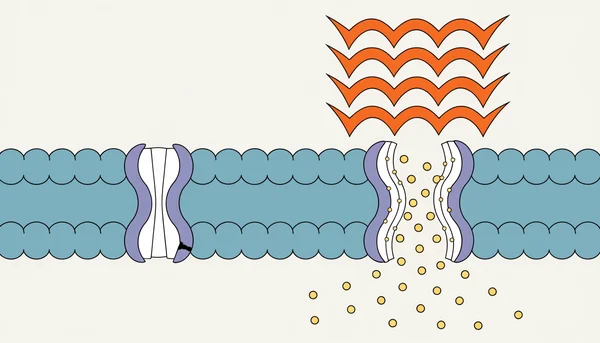Illustration en coupe d'une membrane cellulaire montrant des canaux ioniques, dont le canal sodique Nav1.4 : à gauche, le canal au repos avec une mutation latente symbolisée par une fissure ; à droite, le canal s'ouvre de manière incontrôlée sous l'effet de la chaleur, laissant passer des ions sodium en excès.